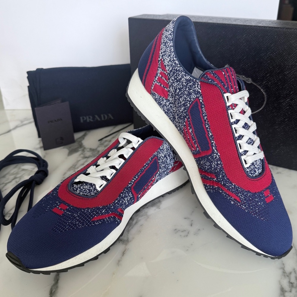 Prada‎ Knit Sneakers Mens  Indaco Scarlatto Blue Red 2EG272 Runner Shoes US 8 - Picture 9 of 12